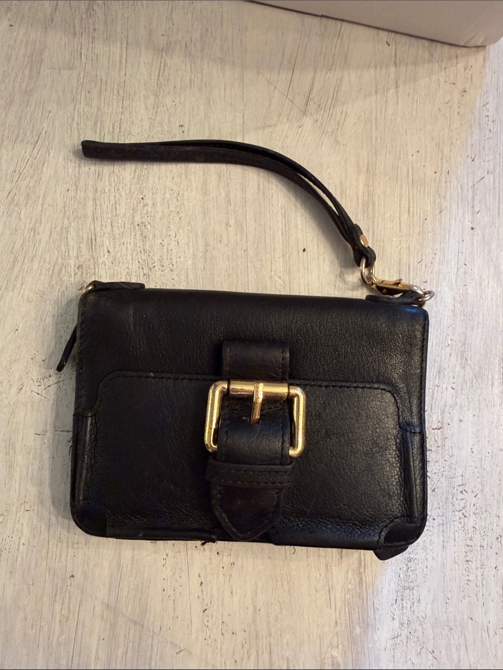 Black Leather Wristlet Clutch with Gold Buckle